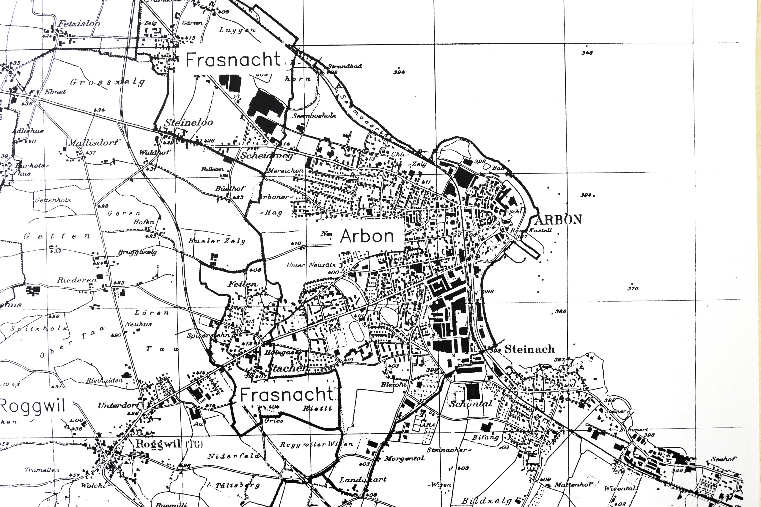 Die Karte zeigt das Gebiet der Politischen Gemeinde Arbon, wie sie im Antrag der Gemeinde Arbon zur Fusion mit Frasnacht 1996 beim Kanton eingereicht wurde.