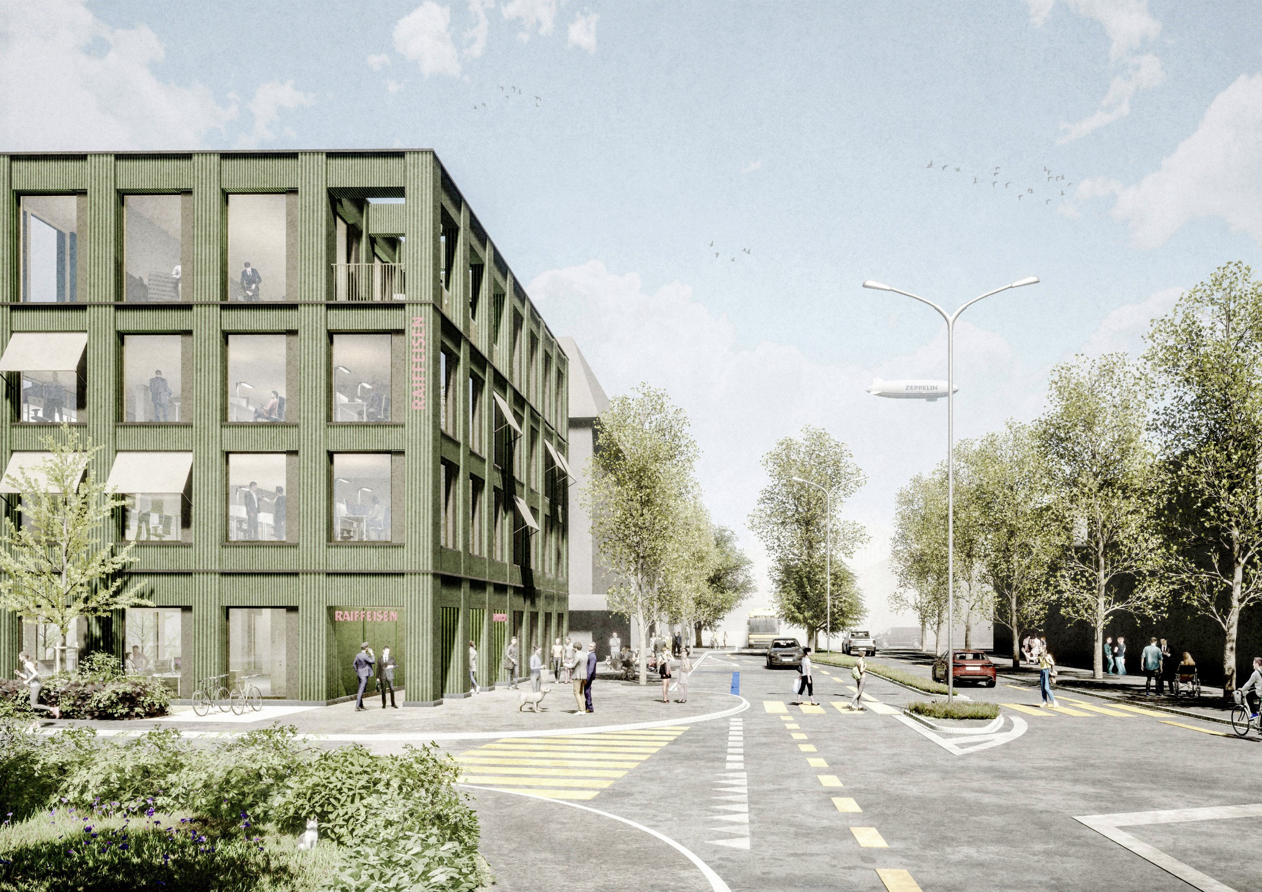 Die Visualisierung zeigt das neue Raiffeisengebäude entlang der St. Gallerstrasse. Parallel zur Alemannenstrasse ist ein weiterer Baukörper geplant, der Mietwohnungen enthalten wird.