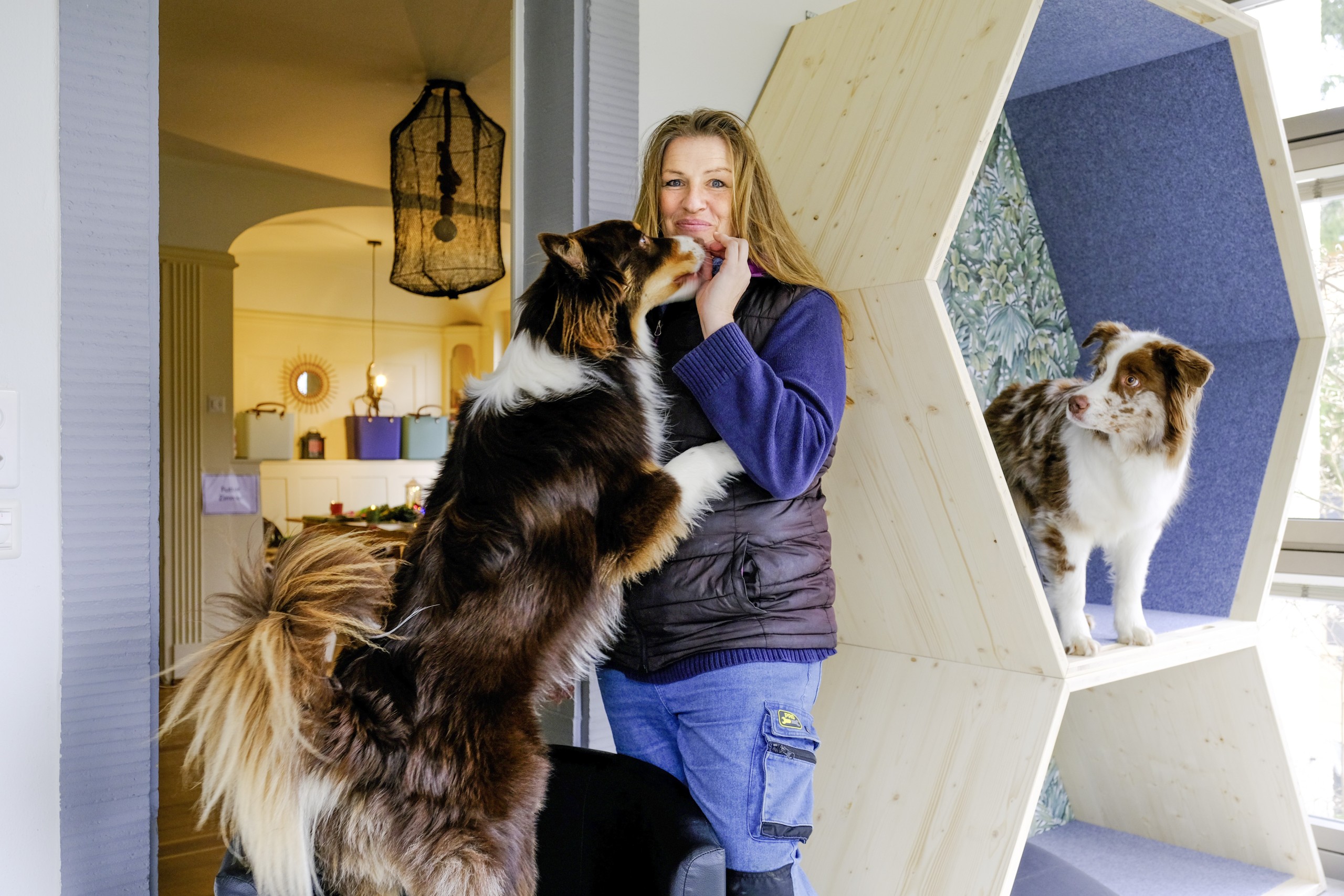Alexa Bruch mit ihren beiden tierischen Mitarbeitern Hot Chocolate und Dr. Cox im Wintergarten an der Gartenstrasse 7, welchen sie mit Lernwaben als möglichst lernfreundliche Umgebung für die Kinder und Jugendlichen gestaltet hat.