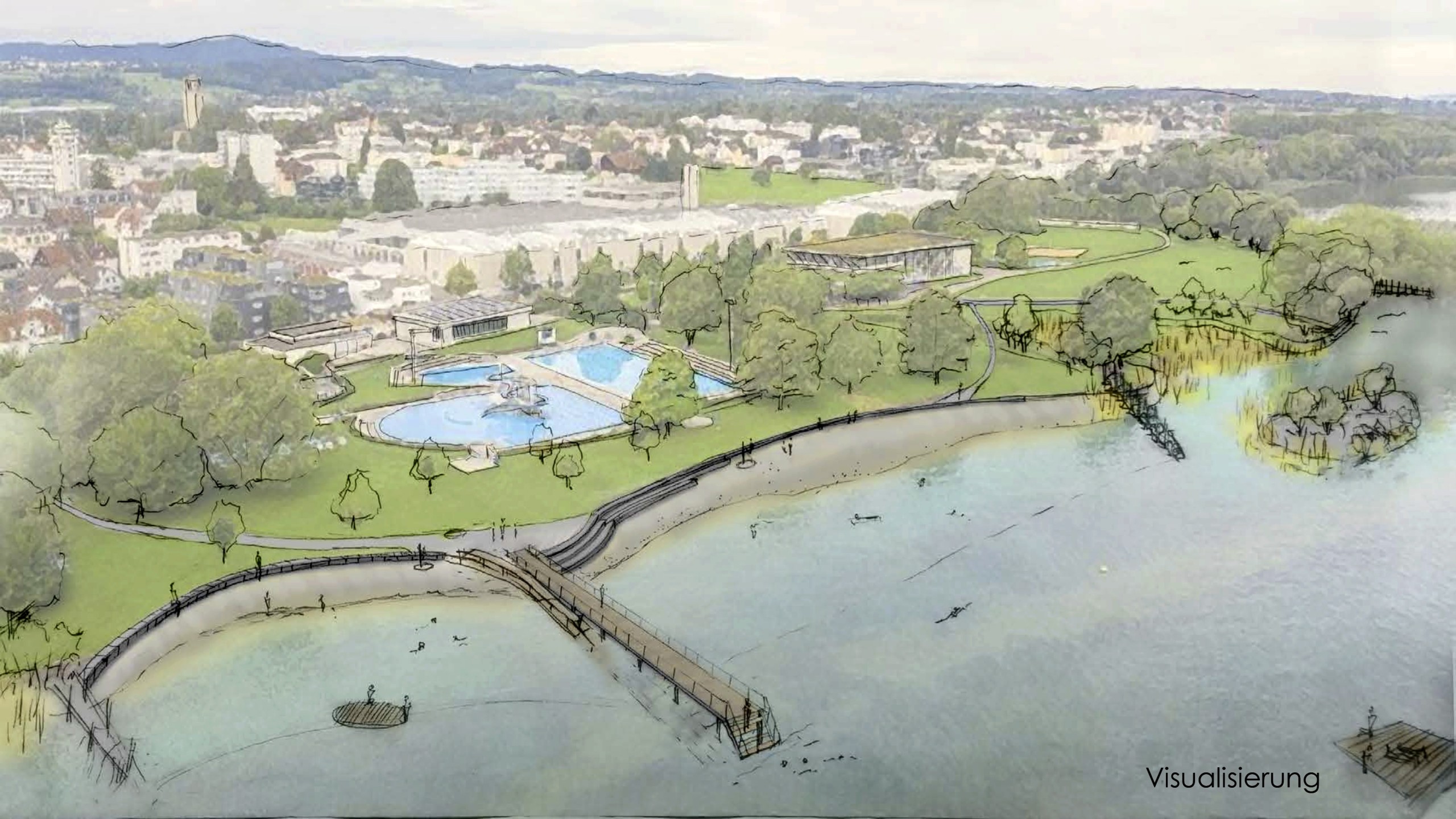 Die Visualisierung zeigt, wie das Ufer des Schwimmbads und des Seeparks nach der Renaturierung aussehen könnte: links die Kinderbucht, rechts der grosse Badestrand. Dazwischen befindet sich ein Steg ins Wasser. Im an die Badi angrenzenden Bereich des Seeparks soll eine neue Bucht mit vorgelagerter Insel entstehen, die Tieren als Lebensraum dienen soll.