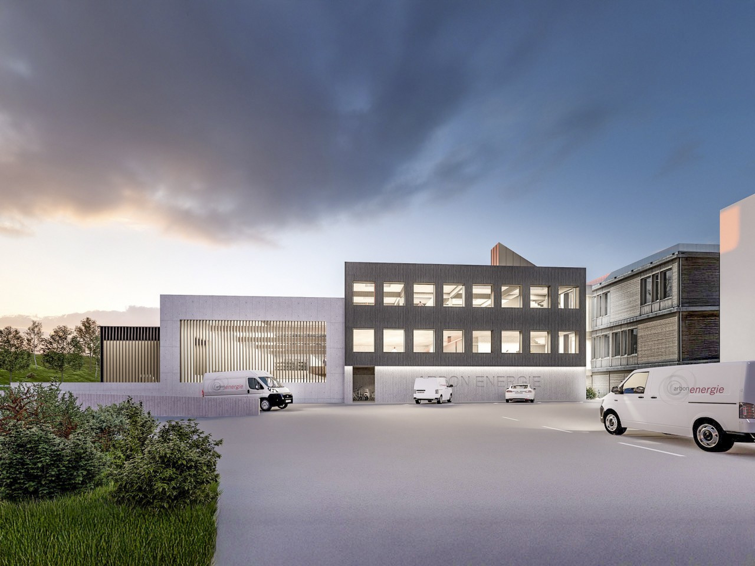 Sichtbeton, Holz und viel natürliches Licht – die Visualisierung zeigt den geplanten Neubau der Arbon Energie AG.