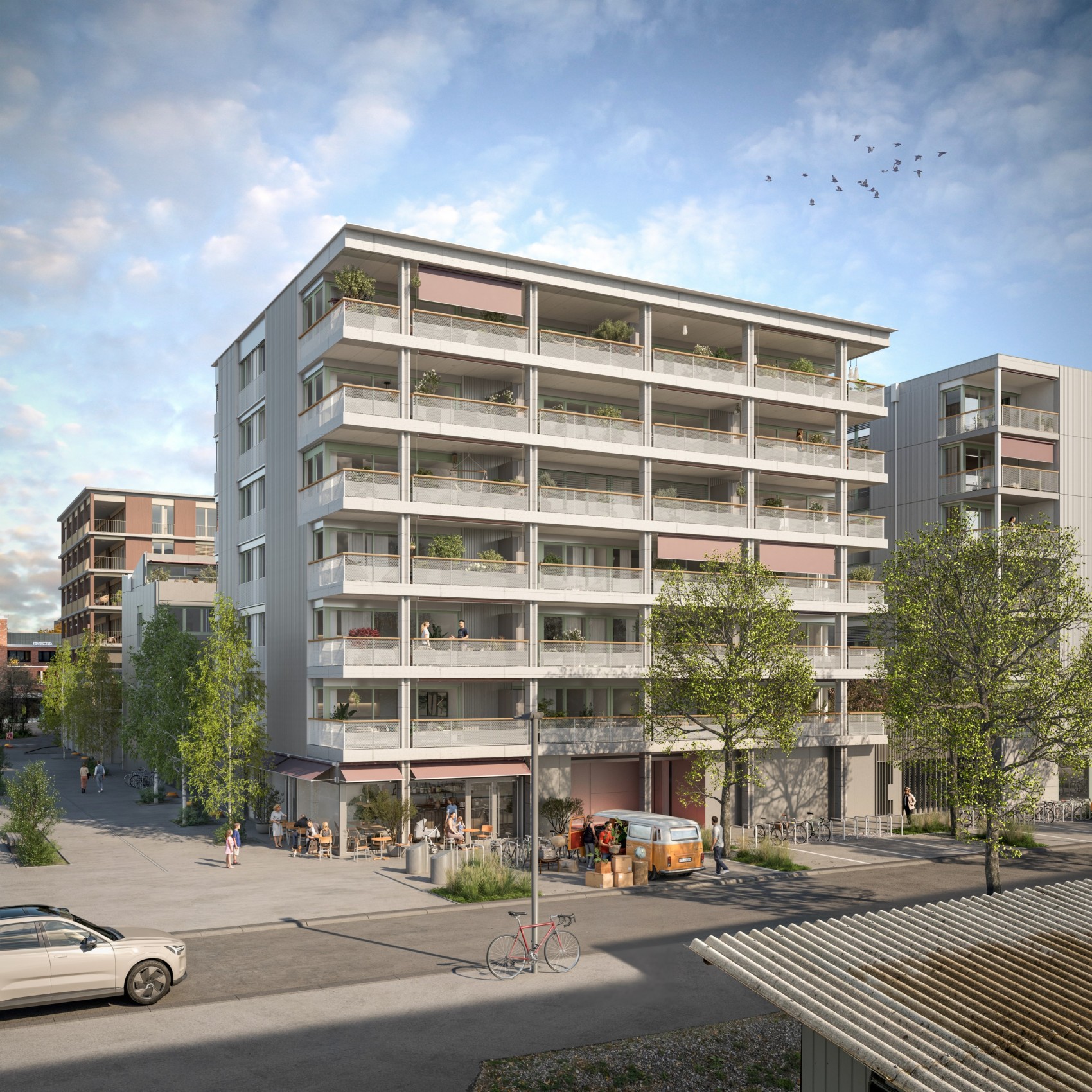 Im Vordergrund der Visualisierung steht der Neubau an der Giessereistrasse mit 17 Eigentumswohnungen. Rechts davon ist ein Teil des Mietshauses zu sehen, dahinter ein Teil der fünf Stadthäuser (siehe Titelbild).