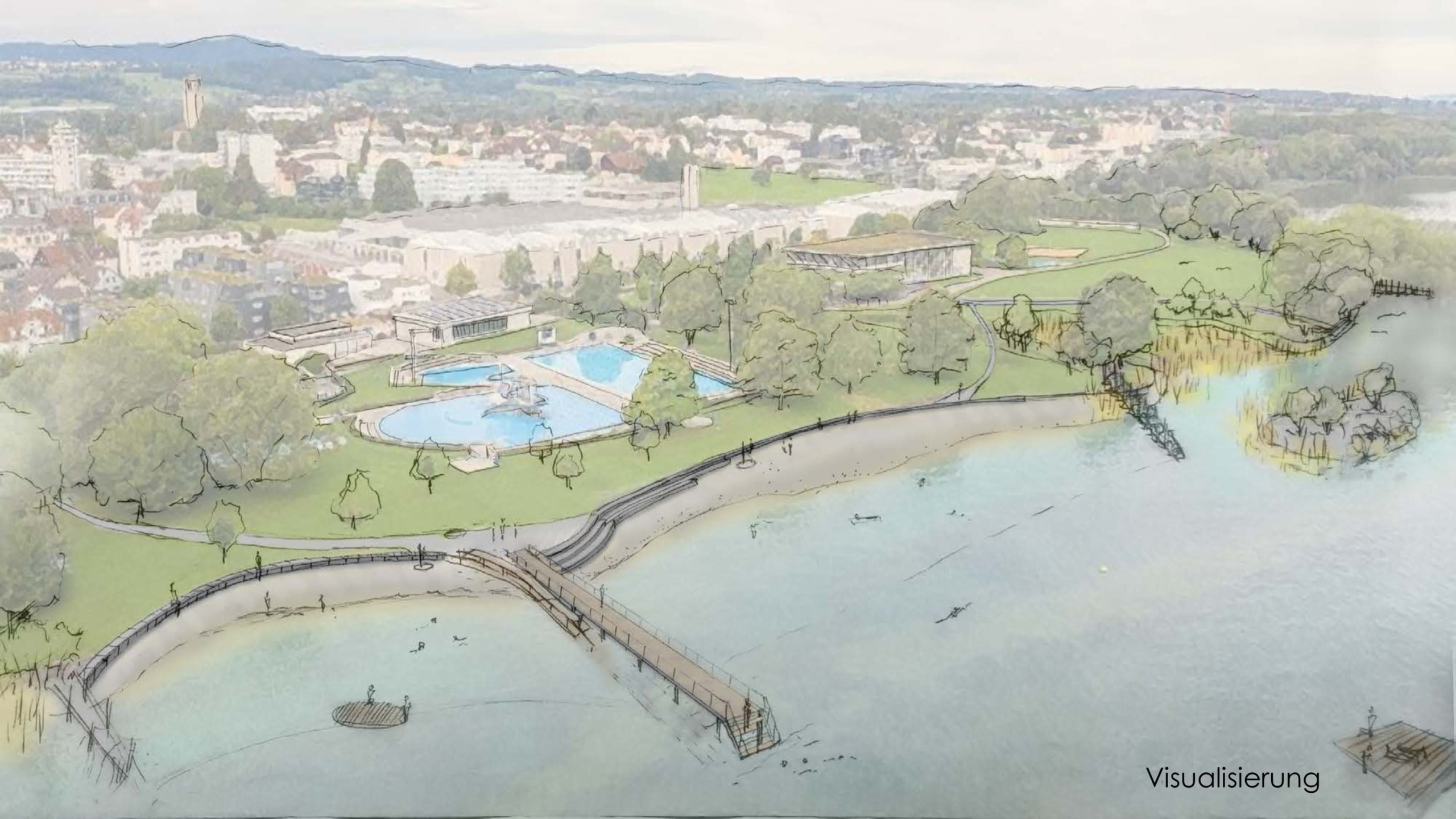 Die Visualisierung zeigt, wie das Ufer des Schwimmbads und des Seeparks nach der Renaturierung aussehen können: links eine Kinderbucht, rechts der grosse Badestrand, dazwischen der Steg ins Wasser und im Anschluss an das Schwimmbad im Bereich des Seeparks eine neue Bucht mit vorgelagerter Insel.