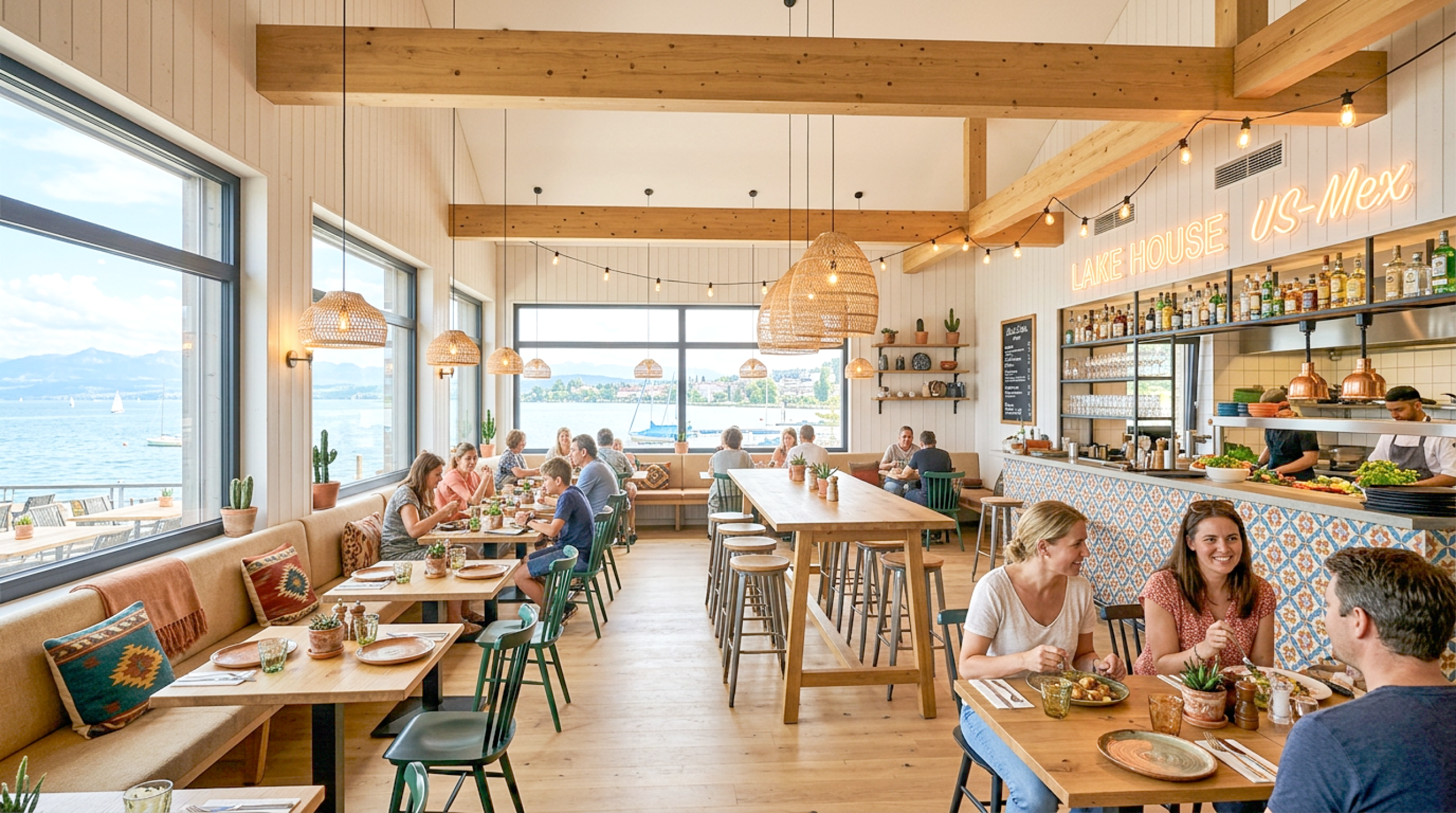 Die KI-generierte Visualisierung zeigt, wie der Innenraum des heutigen Restaurants Seeparksaal dereinst aussehen könnte. Dass es der künstlichen Intelligenz bei der Darstellung des «Lake House US-Mex» nicht ganz gelungen ist, die Aussicht auf den See realitätsnah wiederzugeben, ignoriert man bei der Bildbetrachtung am besten.