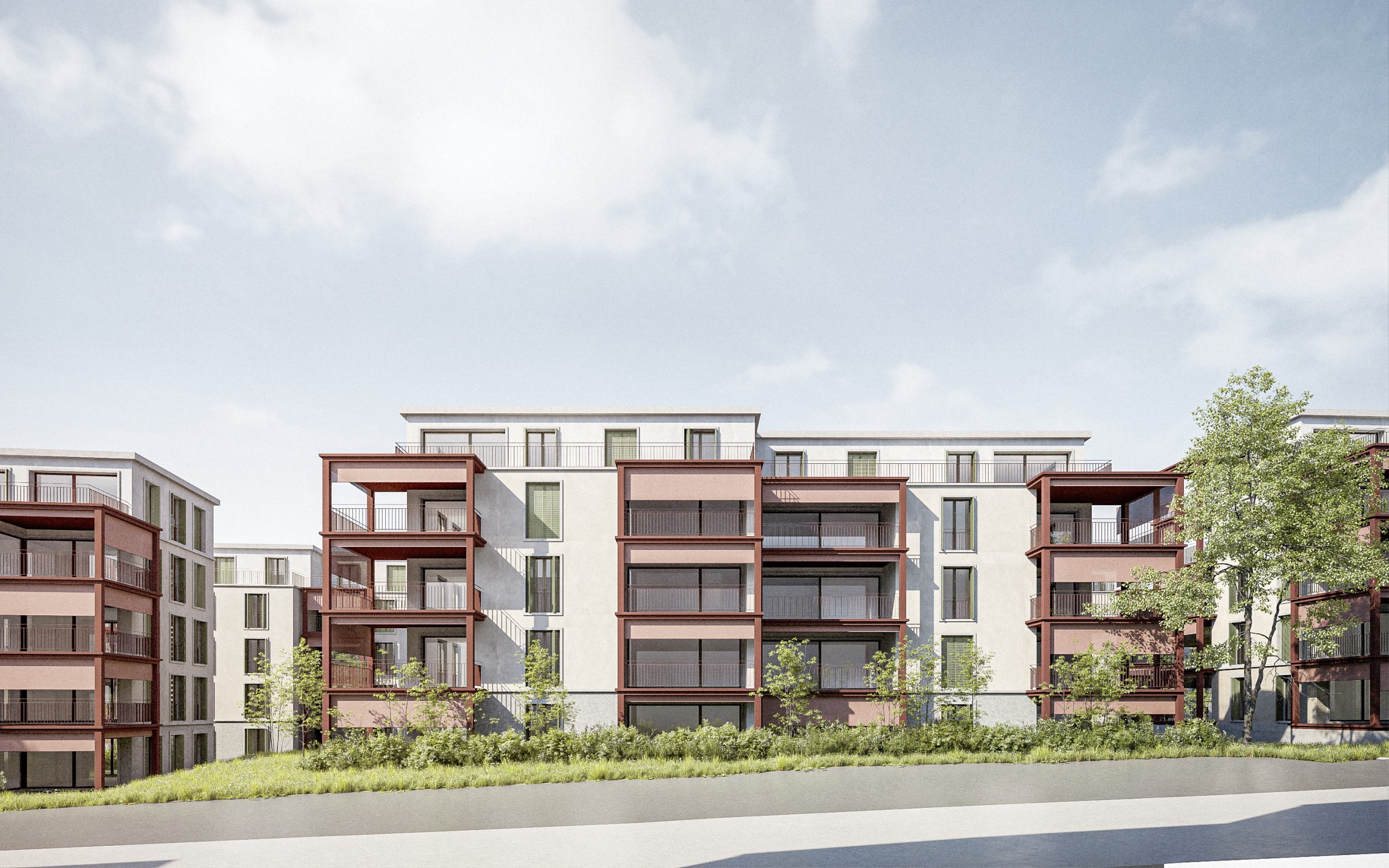 Wo heute zwei Blöcke stehen, sollen fünf Häuser mit insgesamt 77 Wohnungen entstehen. Die Visualisierung zeigt, wie diese künftig aussehen sollen. Das Projekt stammt von der Akkurat AG mit Sitz in St. Gallen.