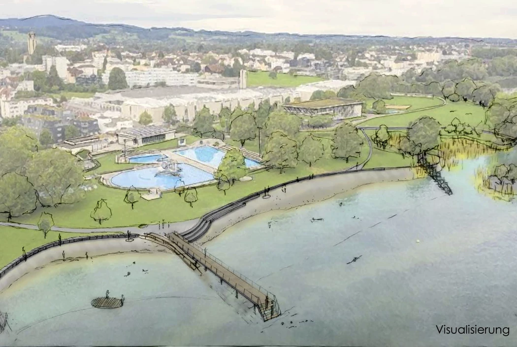 Die Visualisierung zeigt, wie das Ufer des Schwimmbads und des Seeparks nach der Renaturierung aussehen könnte: links die Kinderbucht, rechts der grosse Badestrand. Dazwischen befindet sich ein Steg ins Wasser. Im an die Badi angrenzenden Bereich des Seeparks soll eine neue Bucht mit vorgelagerter Insel entstehen, die Tieren als Lebensraum dienen soll.